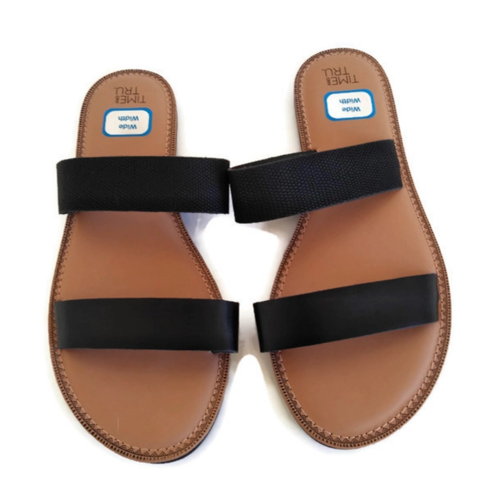 Time & True Wide Fit Black Sandals Sz 11M